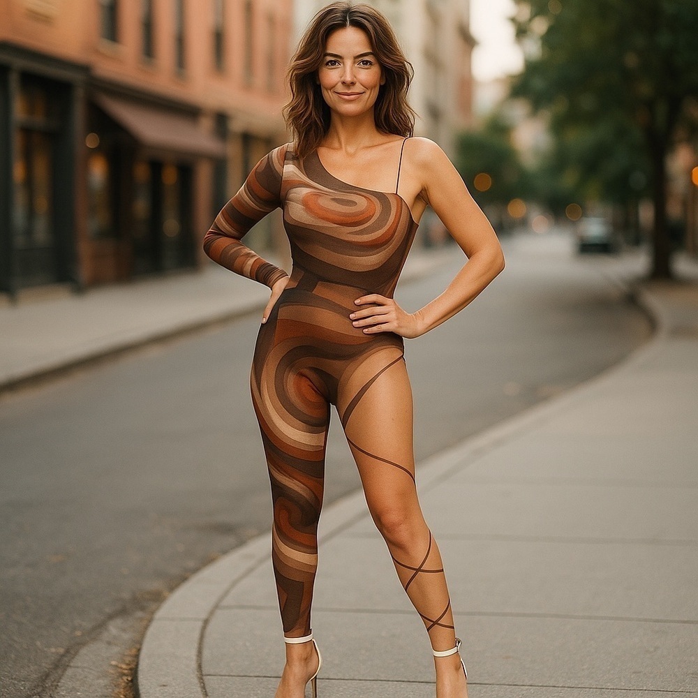 Paint Printed One Sleeve One Leg Tie Detailed Jumpsuit Sexy Jumpsuit
New